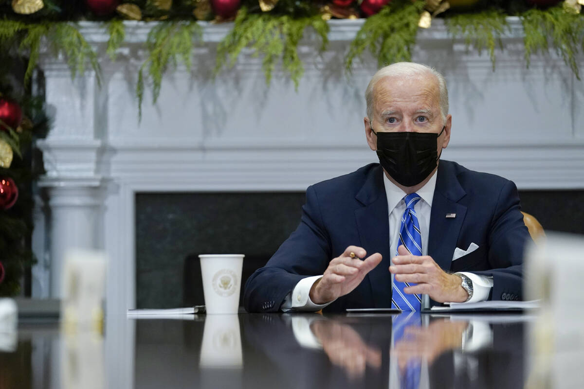 President Joe Biden speaks as he meets with members of the White House COVID-19 Response Team i ...
