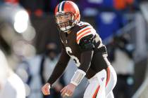 Cleveland Browns quarterback Baker Mayfield plays against the Baltimore Ravens during the first ...