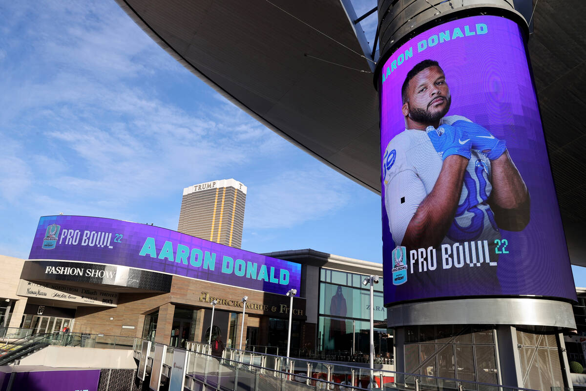 Pro Bowl pick, Los Angeles Rams defensive end Aaron Donald, is displayed on video screens at th ...