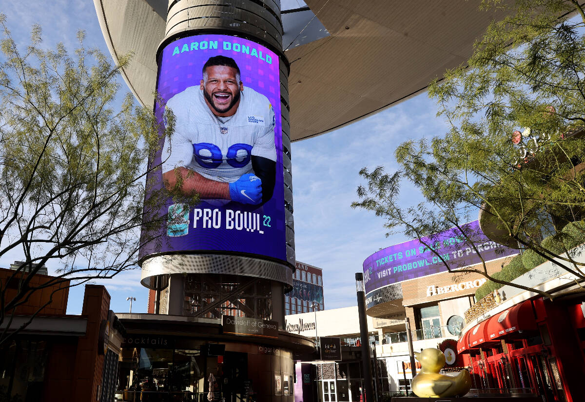 Pro Bowl pick, Los Angeles Rams defensive end Aaron Donald, is displayed on video screens at th ...
