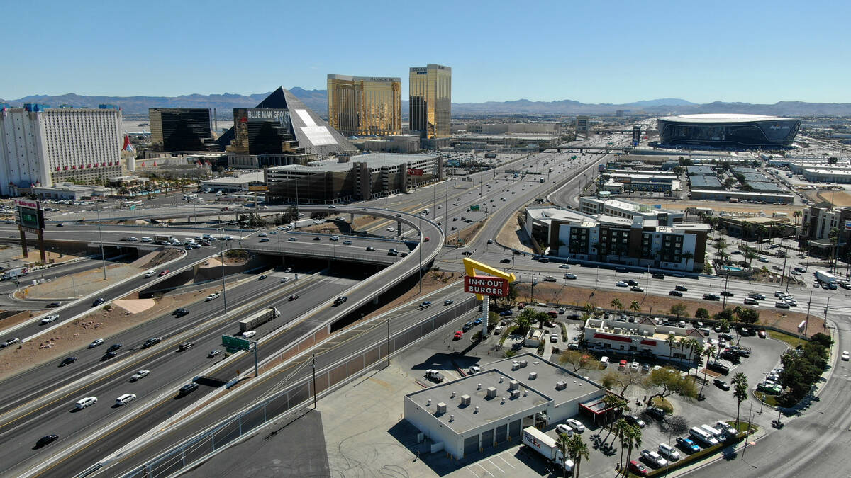 An aerial view of the interchange at Tropicana Avenue and Interstate 15 in Las Vegas, Nevada Tu ...