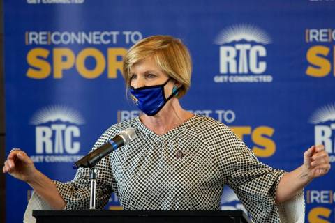 Rep. Susie Lee, D-Nev., speaks at a RTC press conference at Las Vegas Ballpark on Saturday, Aug ...