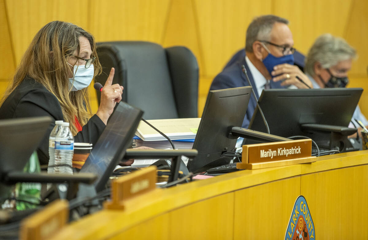 Clark County Commission Chairman Marilyn Kirkpatrick, left, on Tuesday, July 20, 2021, in Las V ...