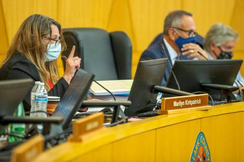 Clark County Commission Chairman Marilyn Kirkpatrick, left, on Tuesday, July 20, 2021, in Las V ...
