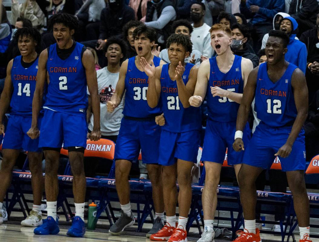 Bishop Gorman players reacts to a play against Liberty High during Platinum Division boys baske ...