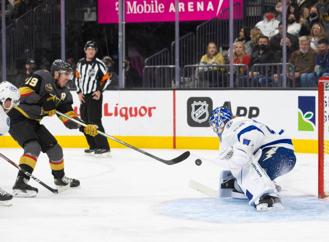 Vegas Golden Knights right wing Reilly Smith (19) shoots on Tampa Bay Lightning goaltender Andr ...