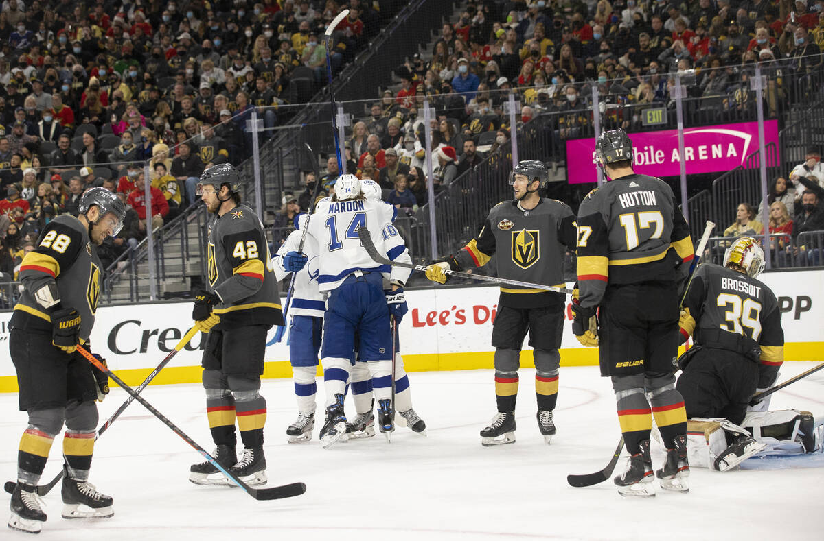 Tampa Bay Lightning celebrate a second period goal given up by Vegas Golden Knights goaltender ...