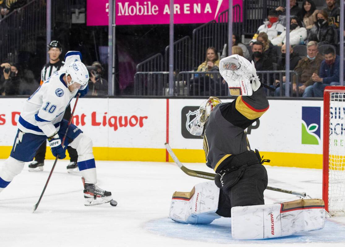 Tampa Bay Lightning right wing Corey Perry (10) shoots on Vegas Golden Knights goaltender Laure ...