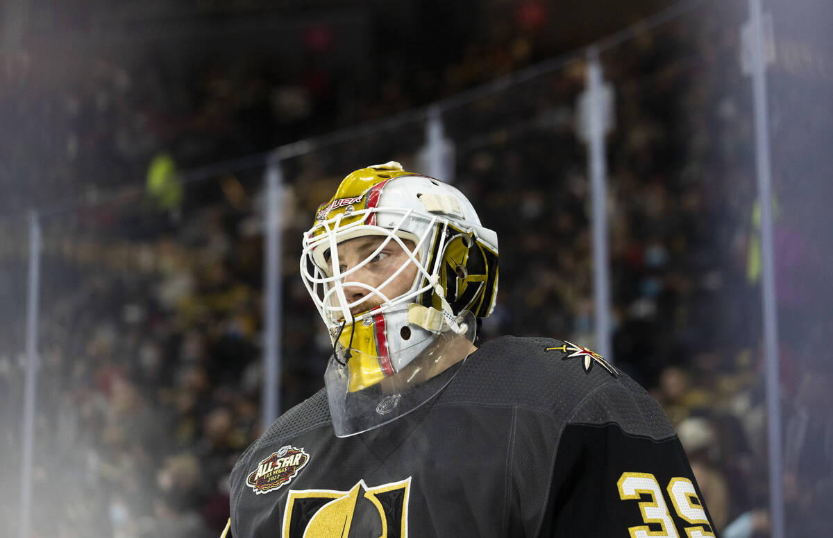 Vegas Golden Knights goaltender Laurent Brossoit (39) in the second period during an NHL hockey ...