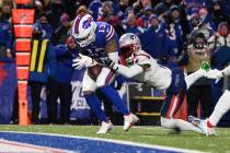 Buffalo Bills wide receiver Gabriel Davis (13) hauls in a pass from Josh Allen for a touchdown ...