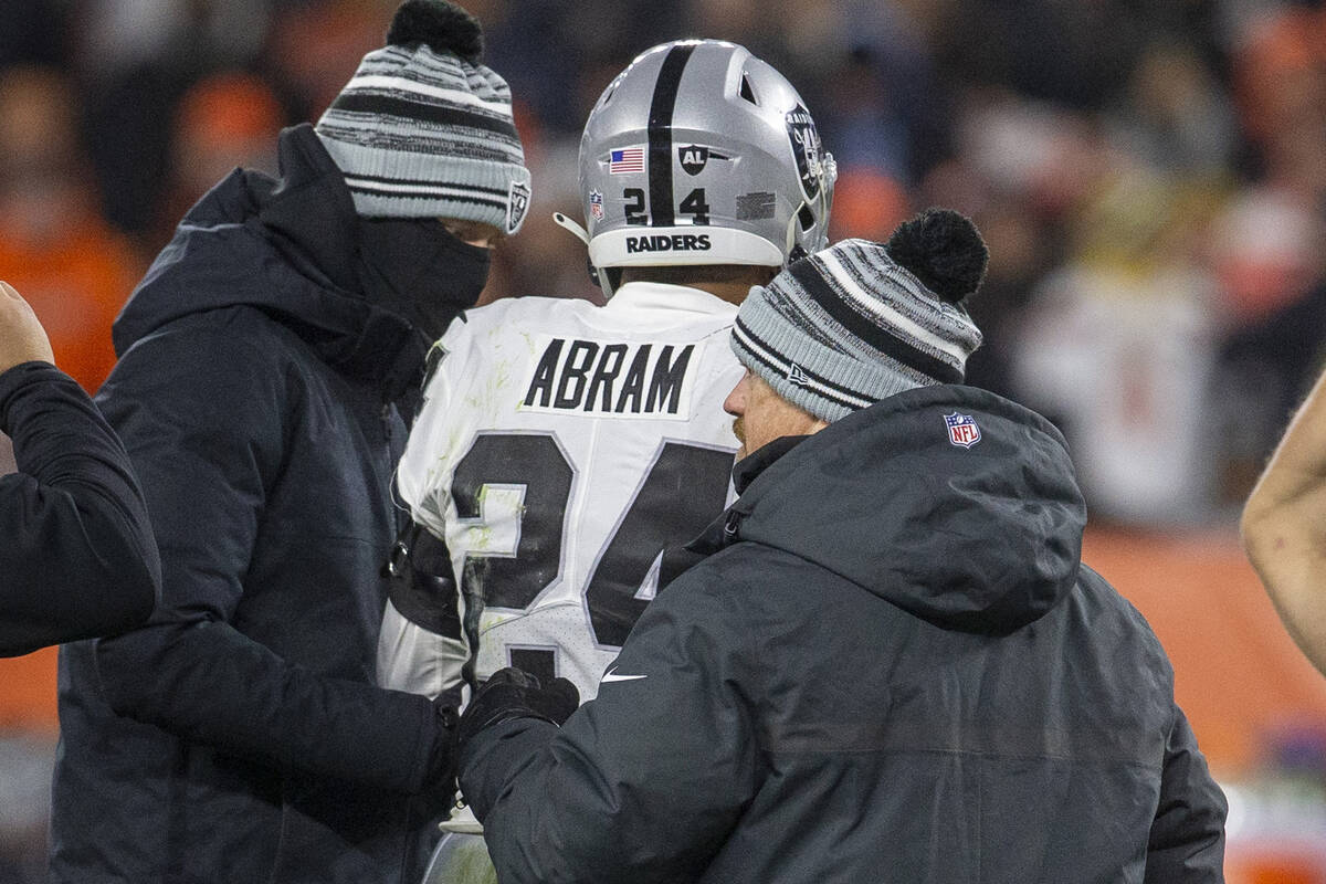 Raiders safety Johnathan Abram (24) leaves the field after being injured during the fourth quar ...