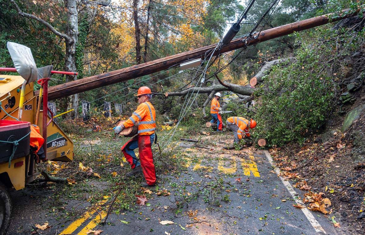 Crews work at cutting up a large tree that fell across Silverado Canyon Road in Silverado, loca ...