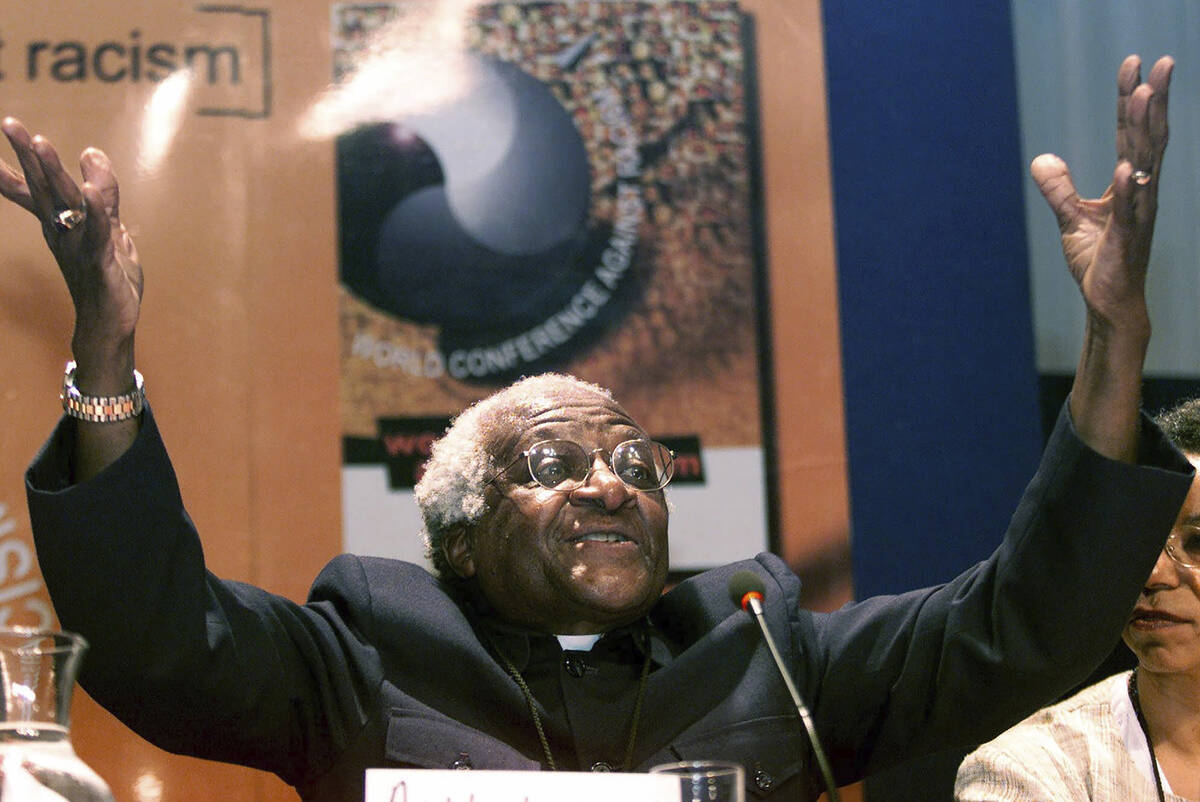 FILE - South African Anglican Archbishop Emeritus Desmond Tutu addresses a news conference at t ...