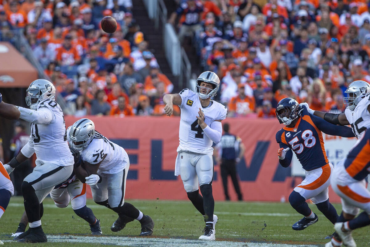 Raiders quarterback Derek Carr (4) throws as Denver Broncos outside linebacker Von Miller (58) ...