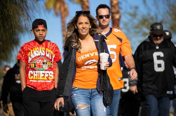 Denver Broncos fans before the start of an NFL football game against the Raiders on Saturday, D ...