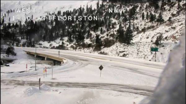 This image from video provided by Caltrans District 3 shows a closed westbound I-80 on Sunday, ...