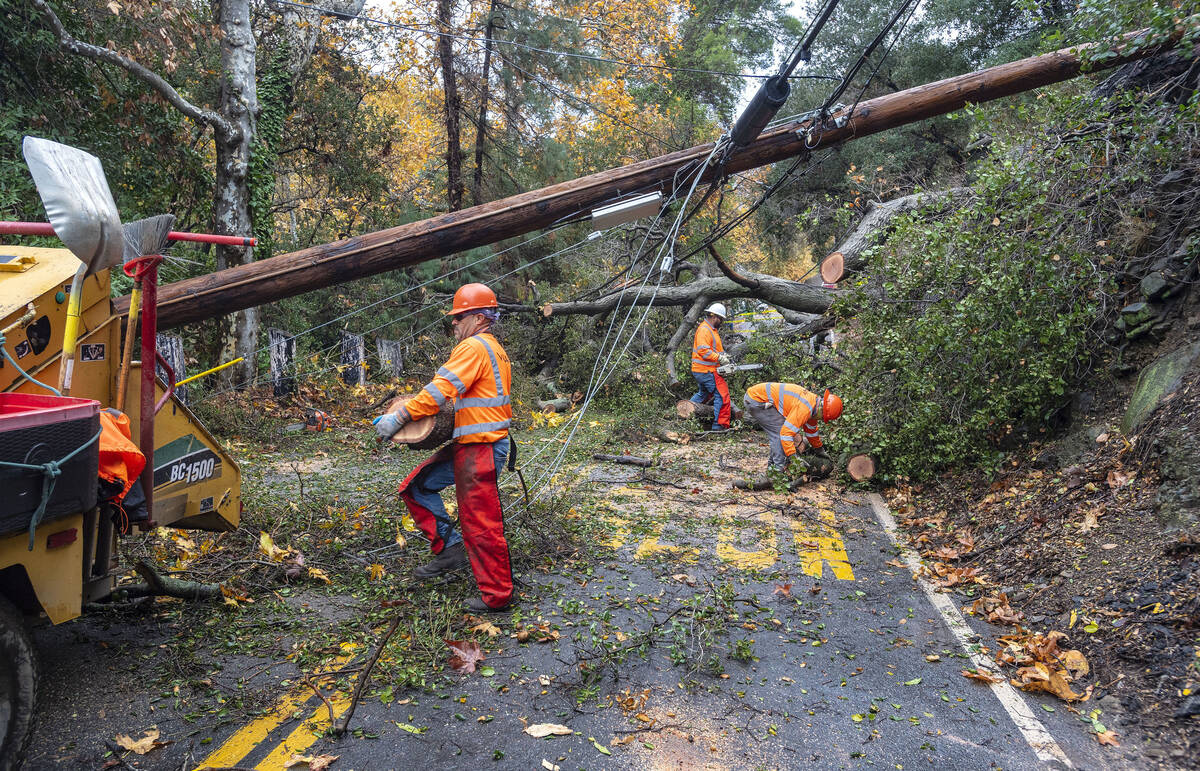 Crews work at cutting up a large tree that fell across Silverado Canyon Road in Silverado, loca ...