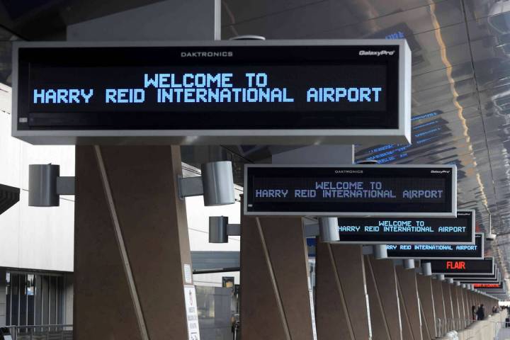 Signs for Harry Reid International Airport are seen Tuesday, Dec. 14, 2021. Twenty-five flights ...