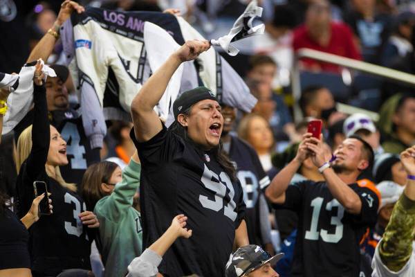 Raiders fans during an NFL football game against the Denver Broncos on Sunday, Dec. 26, 2021, a ...