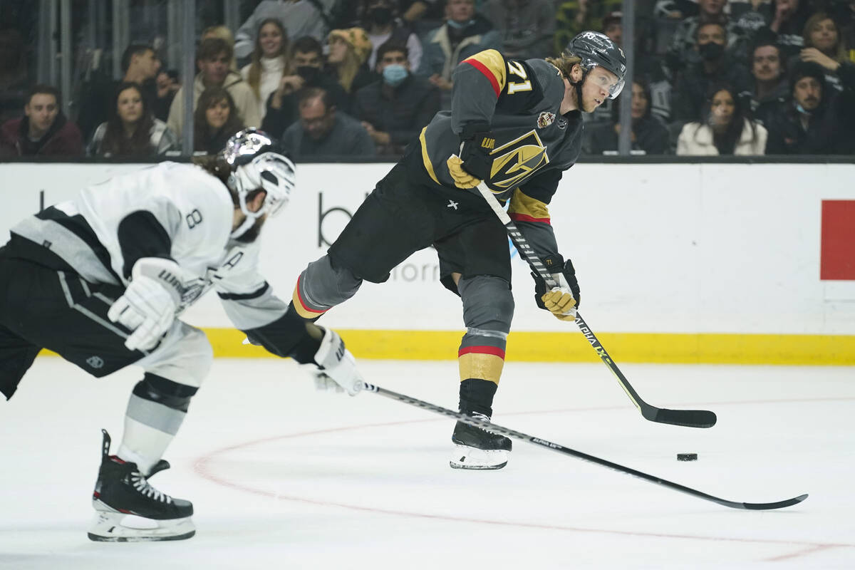 Vegas Golden Knights center William Karlsson (71) shoots against Los Angeles Kings defenseman D ...