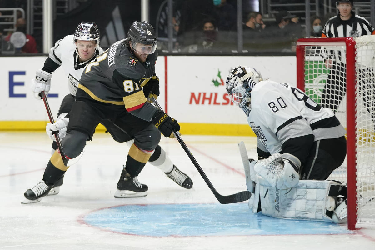 Vegas Golden Knights center Jonathan Marchessault (81) scores against Los Angeles Kings goalten ...