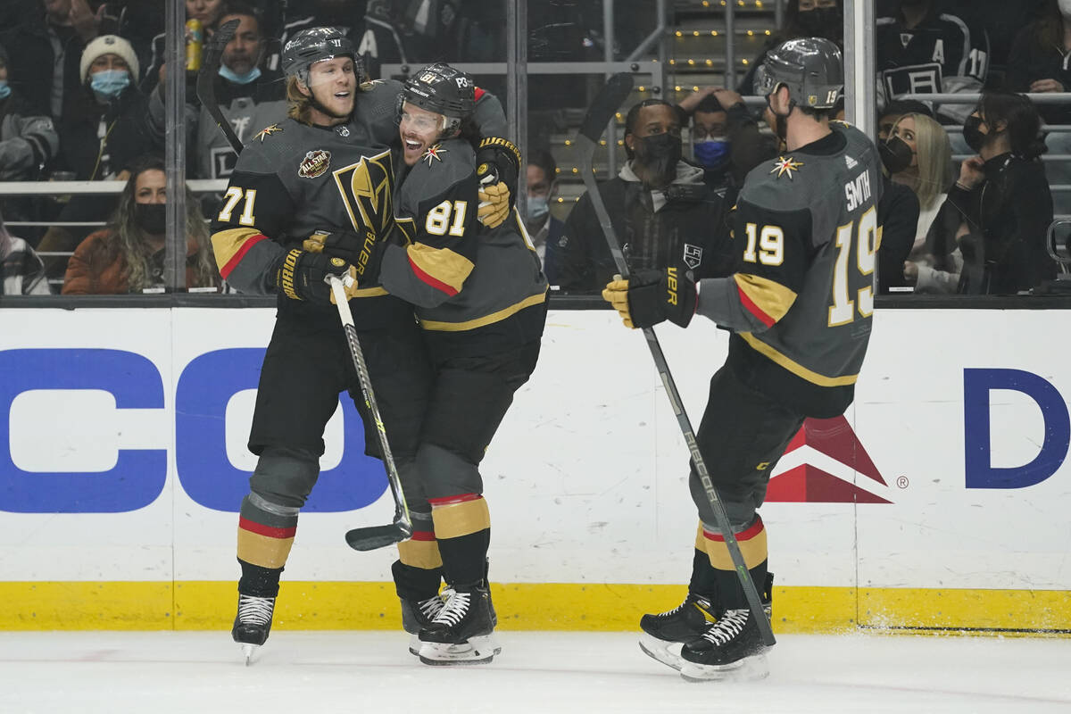 Vegas Golden Knights center Jonathan Marchessault (81) celebrates with center William Karlsson ...