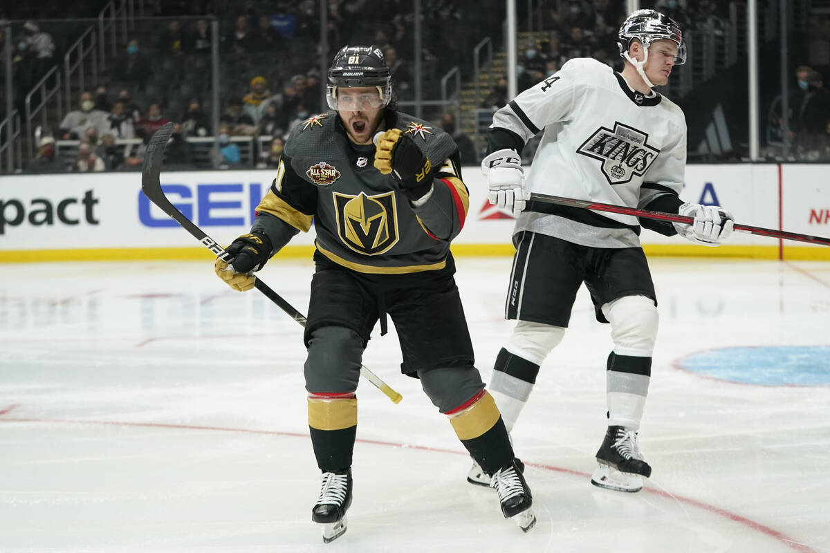 Vegas Golden Knights center Jonathan Marchessault (81) celebrates after scoring a goal during t ...