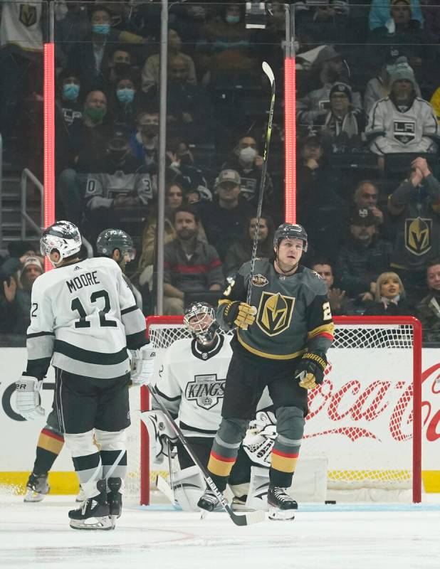 Vegas Golden Knights center Mattias Janmark (26) celebrates after scoring a goal during the sec ...