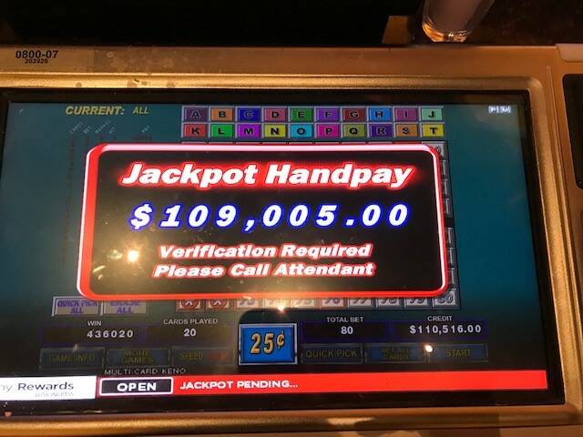 Keno Jackpot $109,005 Handpay Screen at Red Rock Resort. (Station Casinos)