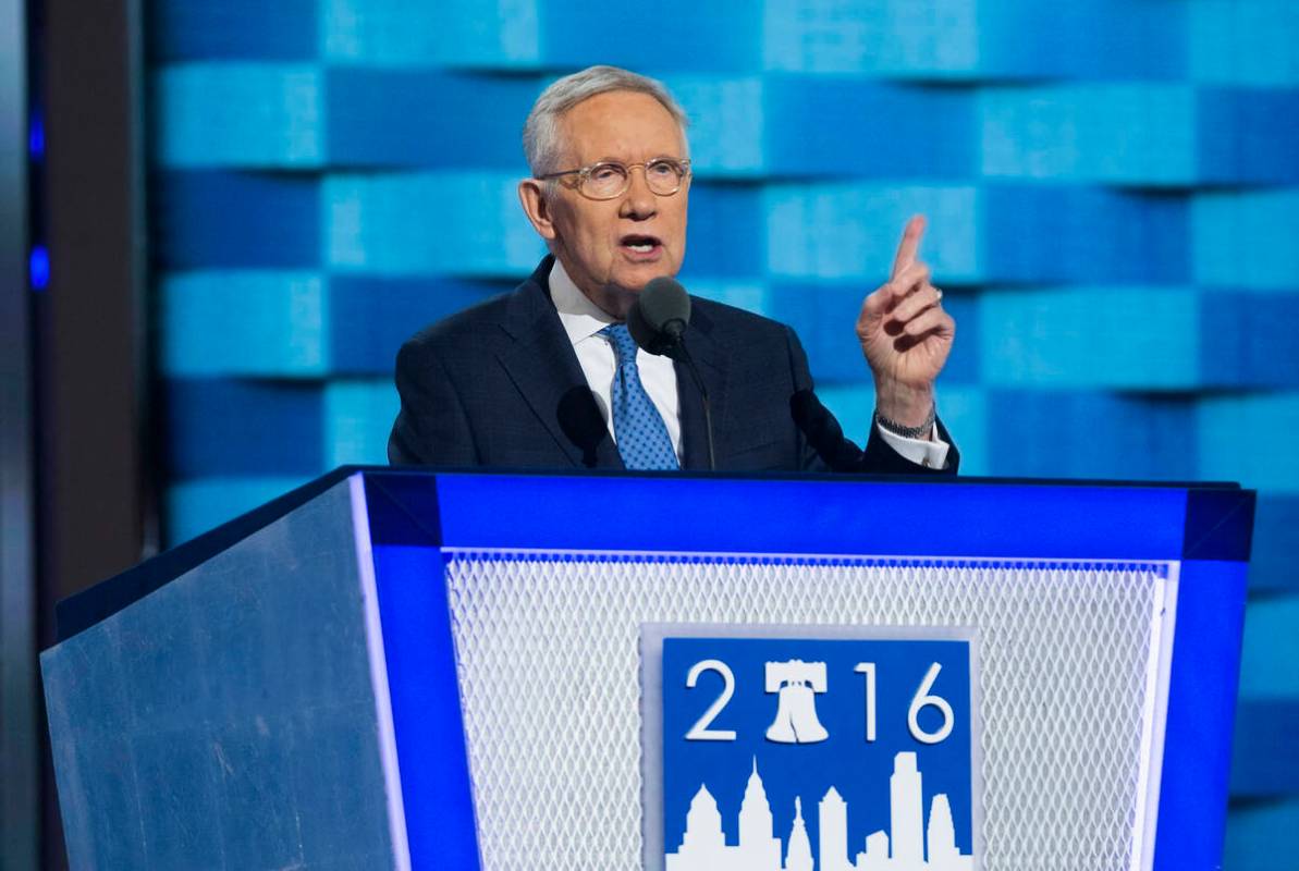 Senate Minority Leader Harry Reid addresses the crowd during the third day of the Democratic Na ...