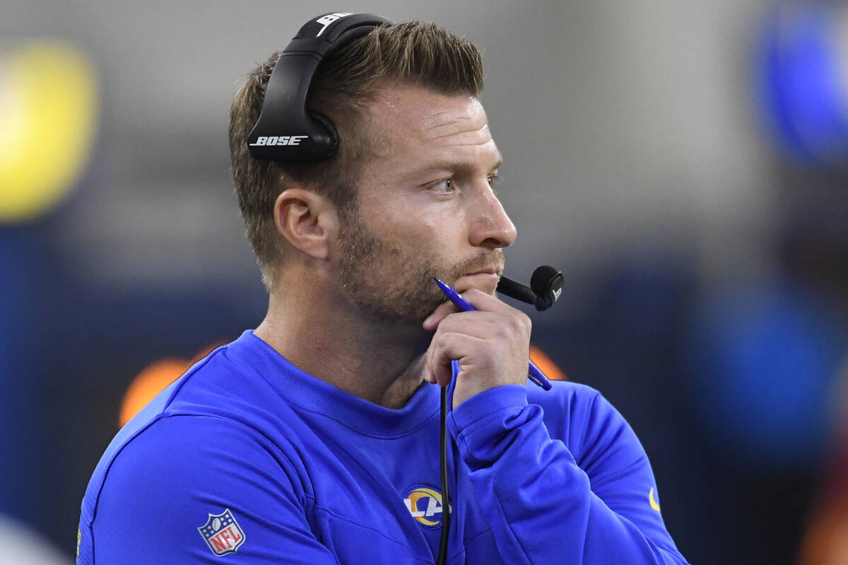 Los Angeles Rams head coach Sean McVay looks on from the sideline during the first half of an N ...
