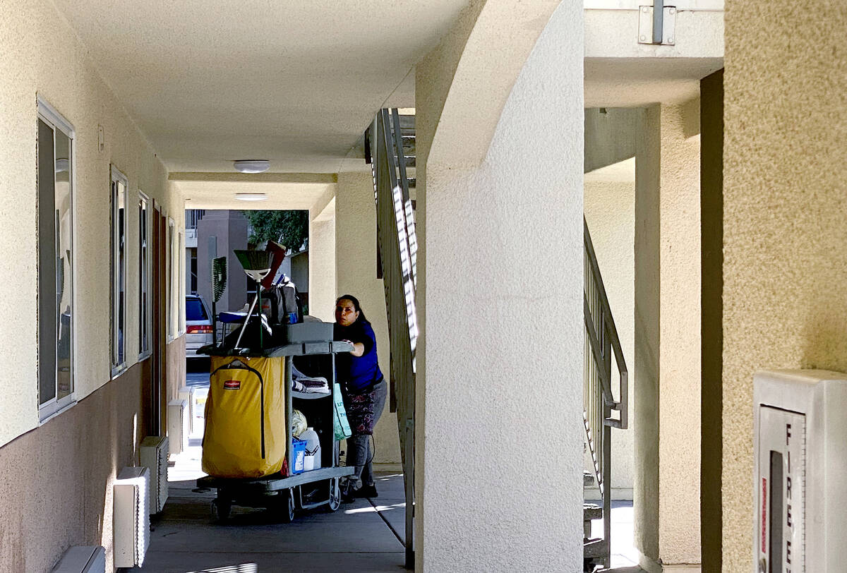 A maid makes the rounds at the Siena Suites on Oct. 14, 2021, in Las Vegas. (L.E. Baskow/Las V ...