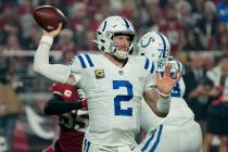 Indianapolis Colts quarterback Carson Wentz (2) throws against the Arizona Cardinals during the ...