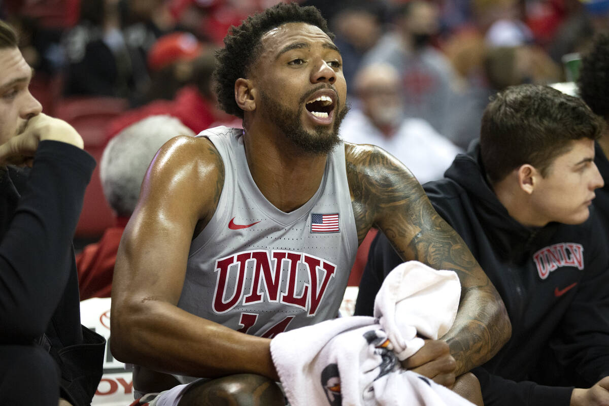 UNLV Rebels forward Royce Hamm Jr. (14) reacts to his fifth personal foul during the second hal ...