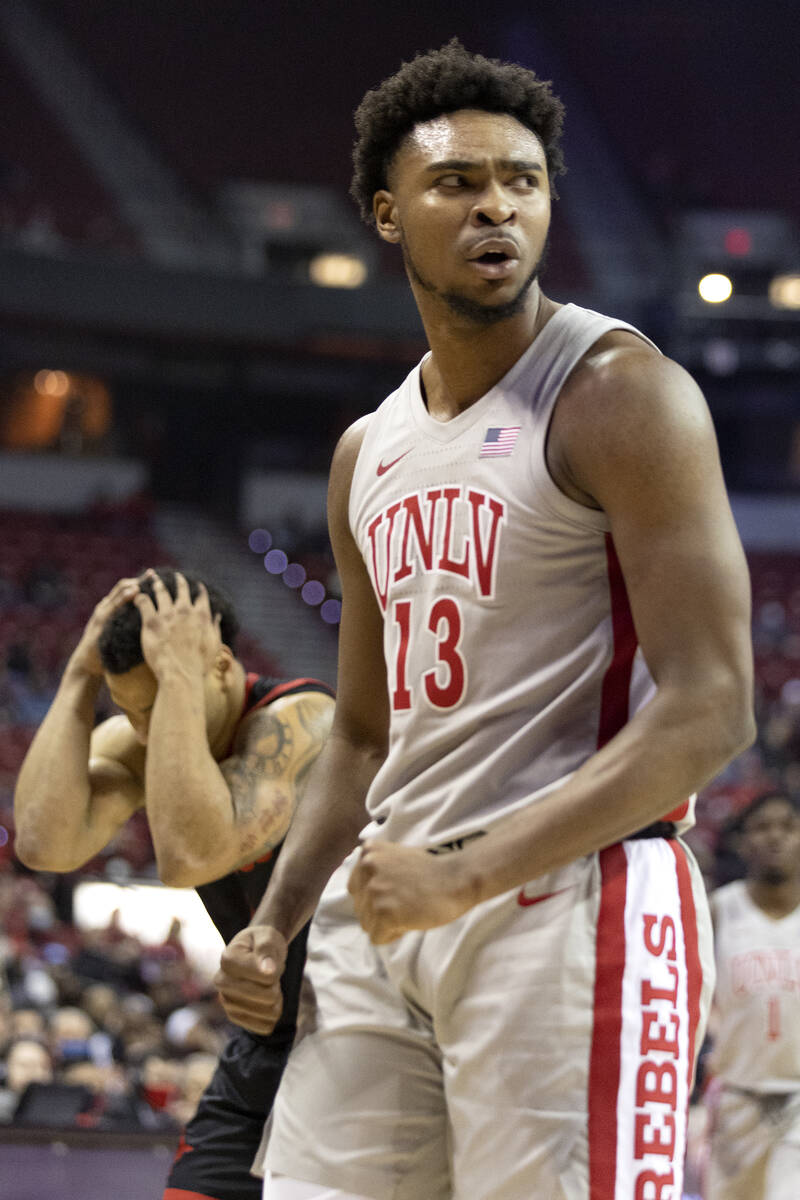 UNLV Rebels guard Bryce Hamilton (13) celebrates after a foul is called on San Diego State Azte ...
