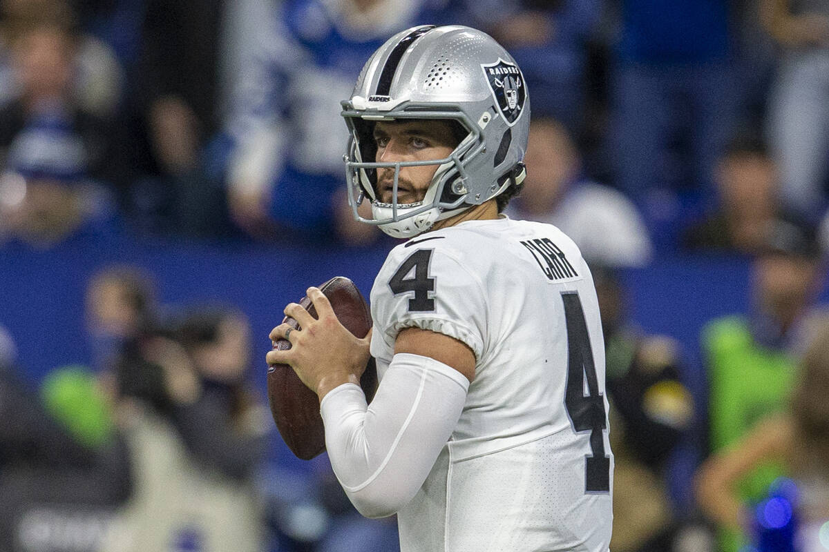 Raiders quarterback Derek Carr (4) prepares to throw during the second half of an NFL football ...