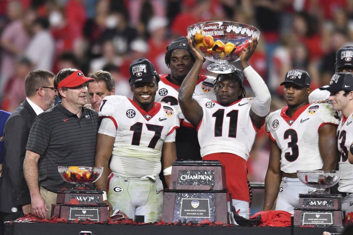 Georgia celebrates after their win against Michigan in the Orange Bowl NCAA College Football Pl ...