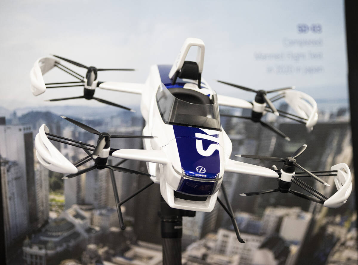 A model of a flying vehicle by SkyDrive its seen during the CES Unveiled event at the Mandalay ...