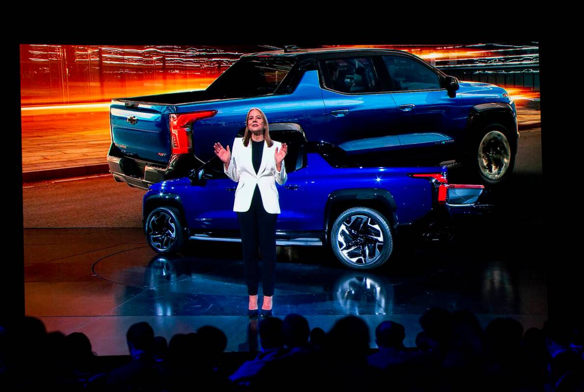 Mary Barra, chair and CEO of General Motors, debuts the 2024 Chevrolet Silverado EV during a ke ...