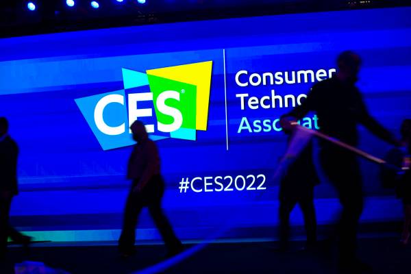 The stage is set for a keynote session at CES at The Venetian Expo on Wednesday, Jan. 5, 2022, ...