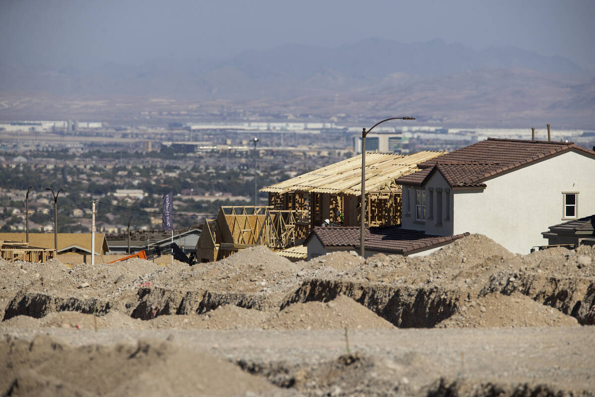 Homes under construction in the Skye Canyon master-planned community in Las Vegas, Friday, Aug. ...