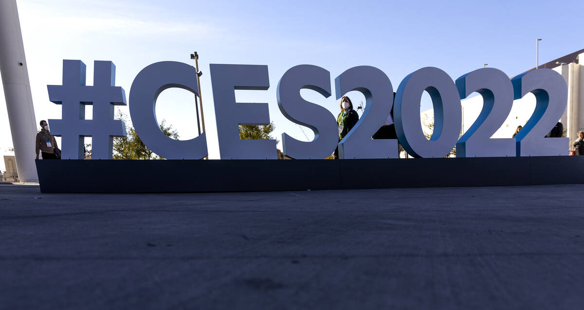 Exterior advertising hashtag during the first day of CES at the Las Vegas Convention Center on ...