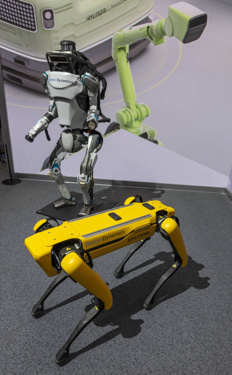 An Atlas and other Boston Dynamics Hyundai robot on display during the first day of CES at the ...