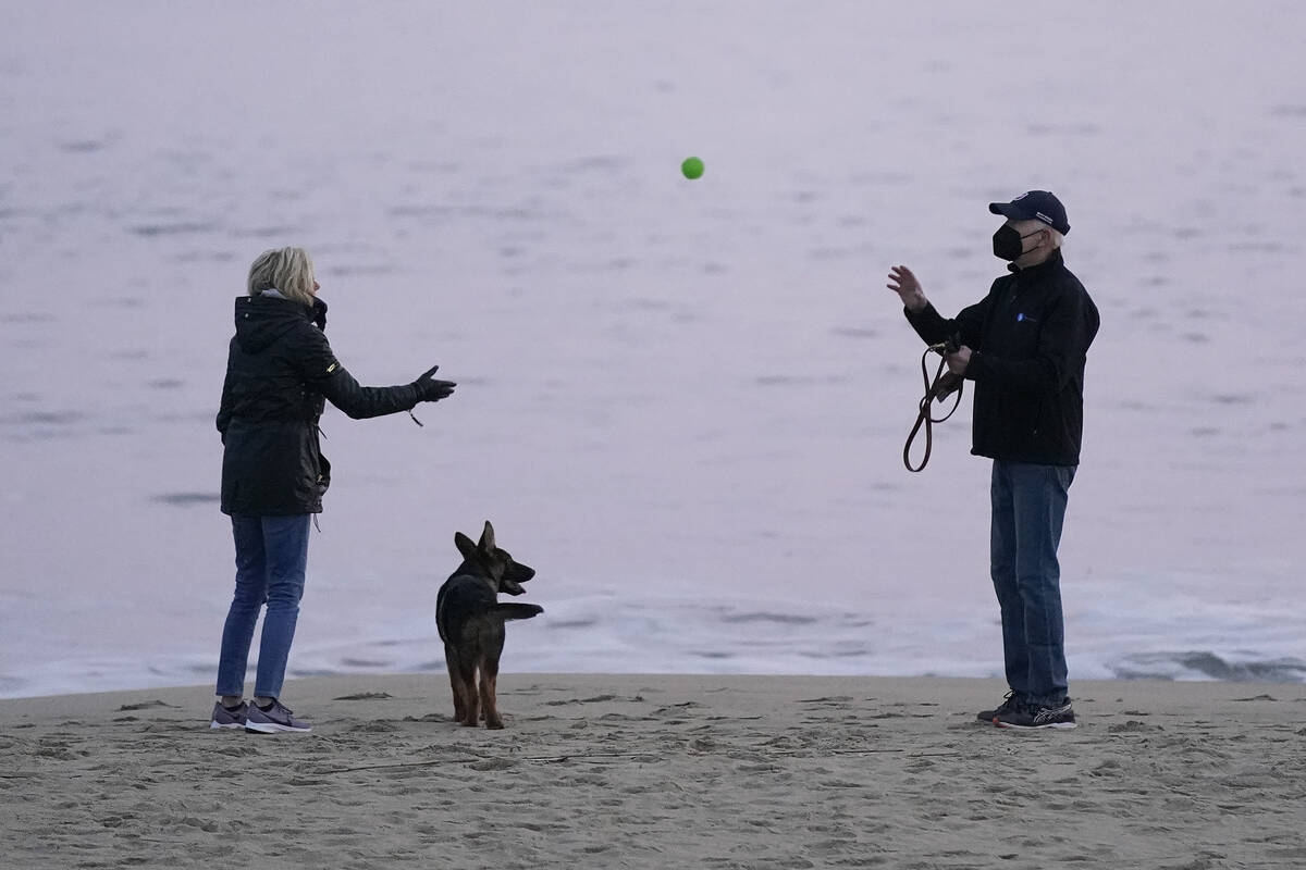 First lady Jill Biden tosses a ball to President Joe Biden as they take their dog Commander for ...