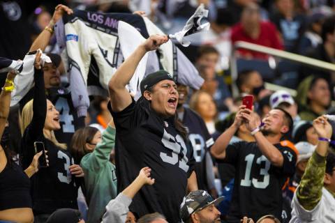 Raiders fans during an NFL football game against the Denver Broncos on Sunday, Dec. 26, 2021, a ...