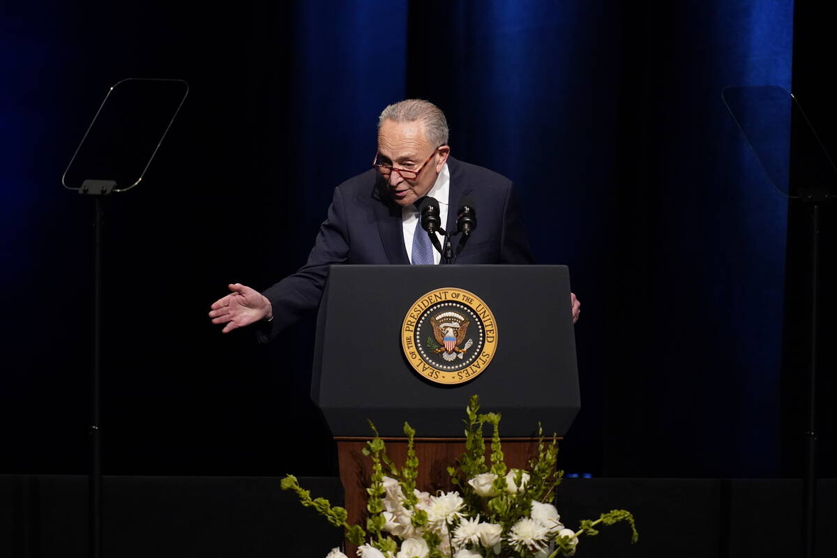 Senate Majority Leader Chuck Schumer of N.Y., speaks during a memorial service for former Senat ...