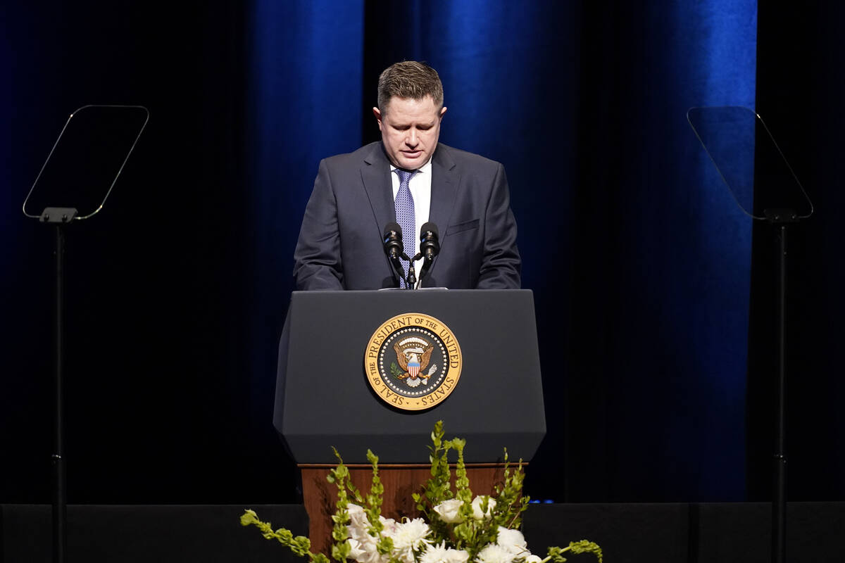 Key Reid, son of former Senate Majority Leader Harry Reid, speaks during a memorial service for ...