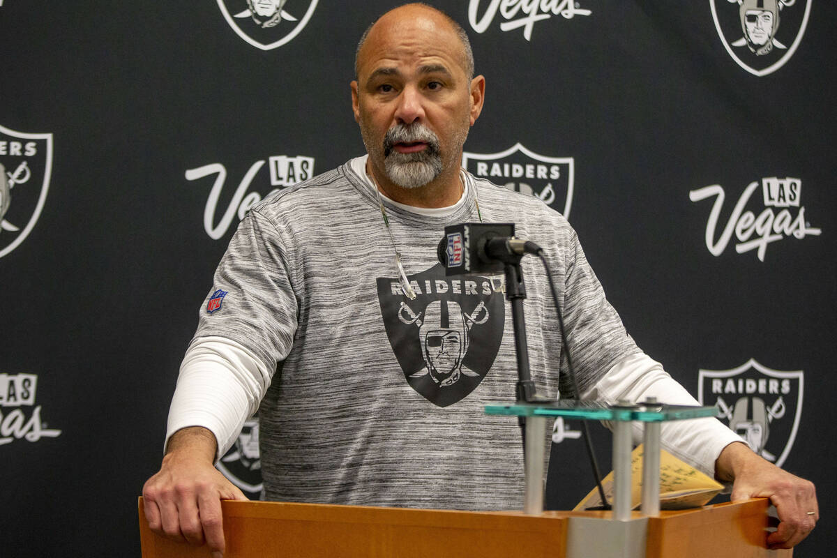 Raiders interim head coach Rich Bisaccia addresses the media after an NFL football game where t ...