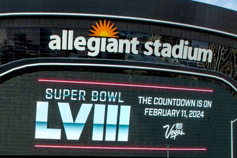 The large video screen on the east side displays the message that the NFL Super Bowl LVIII will ...