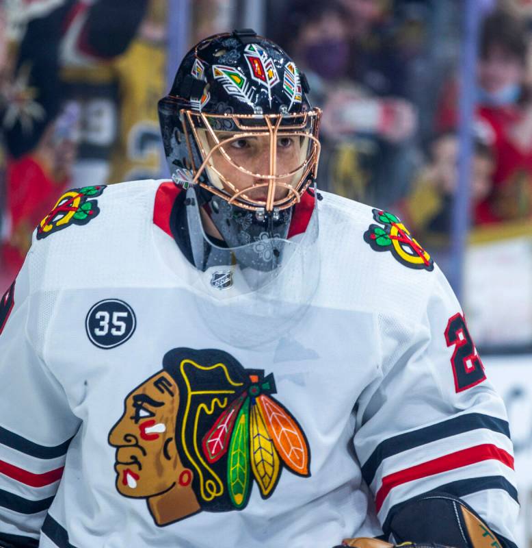 Chicago Blackhawks goaltender Marc-Andre Fleury (29) skates around the ice during warm ups befo ...